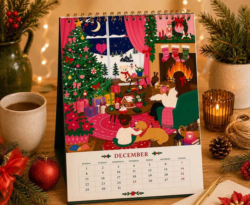 Illustration Story & Sun présentée sur un calendrier mural